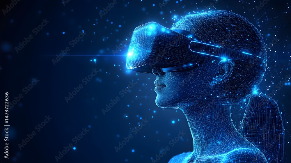 Aufkleber Futuristic VR experience depicted in a wireframe model. High-tech headset immerses the user in digital world. Captivating and modern. Abstract wireframe in dark blue.