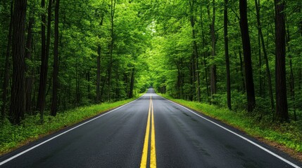 Fototapeta premium Scenic roadway through a lush forest canopy with dense, green trees casting shadows