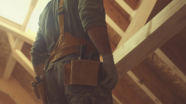 Construction Worker with Tool Belt Under Wooden Framework
