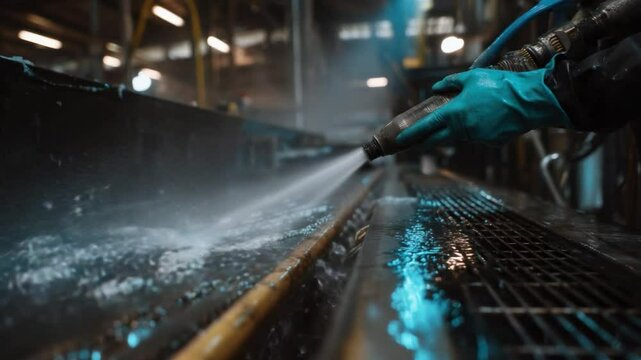 Cleaning the Machinery: A worker employs a high-pressure hose to meticulously clean industrial machinery. The image emphasizes precision and effectiveness in a factory setting.