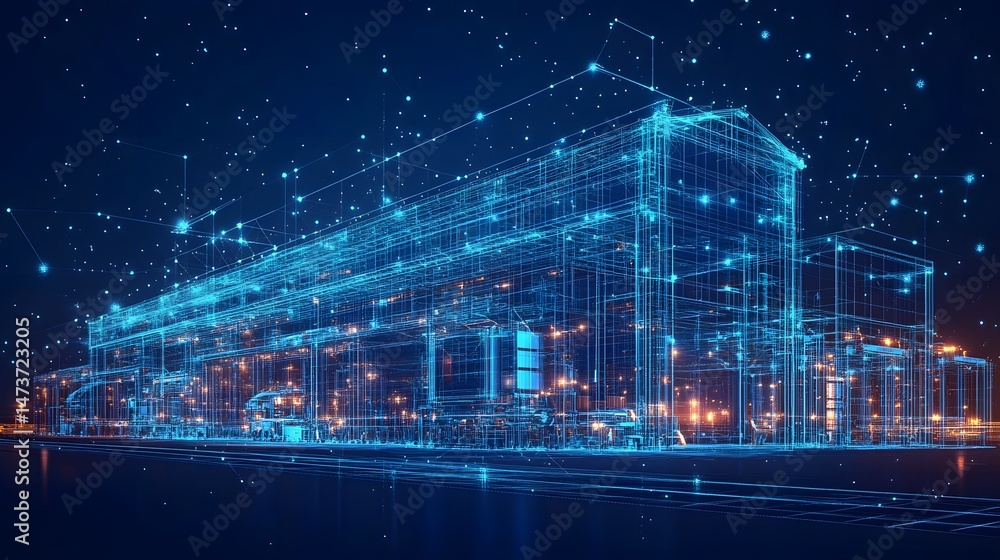 Poster futuristic industrial complex visualized in vibrant blue wireframe against a dark blue backdrop, sho