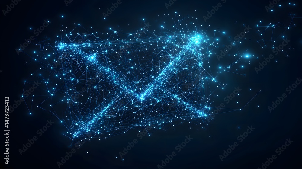 Aufkleber Futuristic data network visualized as glowing blue lines connecting dots forming an envelope shape. High-tech communication concept. Abstract wireframe in dark blue.