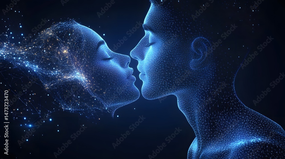 Poster Two figures, digitally rendered with interconnected nodes, share an intimate moment. Blue and gold hues blend human emotion with technological art. Abstract wireframe in dark blue.