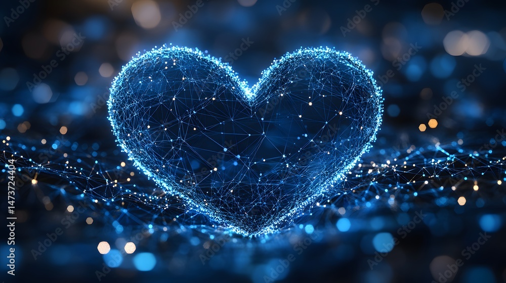 Poster glowing, interconnected heart formed from blue lines and vibrant dots, creating a captivating visual