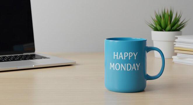 Happy monday, Desk scene with a blue coffee mug and Happy Monday message, great for encouraging workplace vibes, morning routines, or productivity themed content. - Powered by Adobe