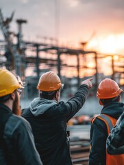 Three construction workers wearing helmets discuss a project at a building site during sunset.