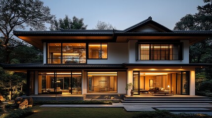Fototapeta premium Zen-inspired modern residence with an Eastern architectural style, nestled in lush greenery, evokes tranquility and sophistication.