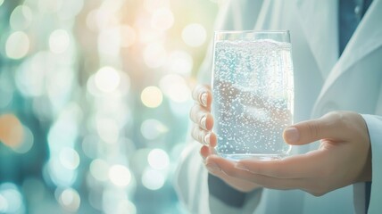 Scientist holding a glass of sparkling water in a laboratory with bright lighting and bokeh effect