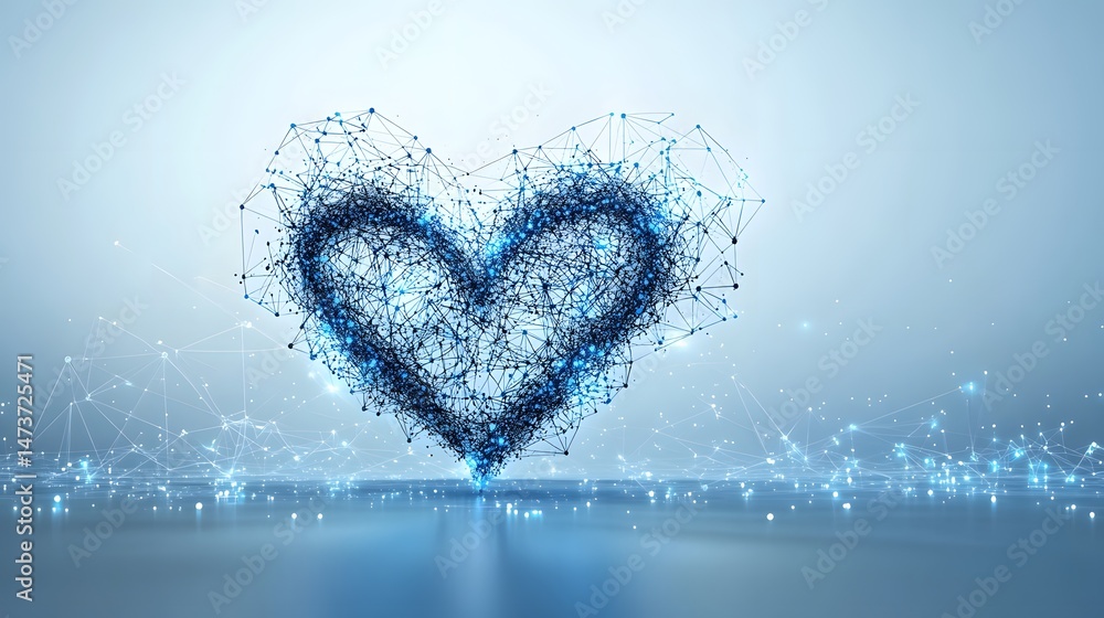 Fototapete Digital heart design showcases interconnectedness. Web-like structure radiates with glowing nodes. Reflective surface enhances virtual feel. Technology meets emotion. Abstract wireframe in dark blue