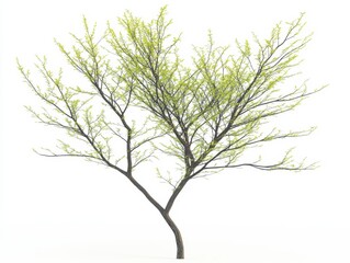 Obraz premium Young spring tree with vibrant new growth. Fresh green leaves on slender branches. Light gray trunk and branches. Isolated against white background