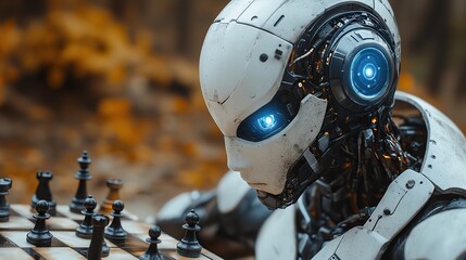 Fototapeta premium An intense scene of a skilled robot playing a complex game of chess against a determined human opponent, highlighting the battle of intellect