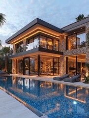 Luxury modern home with a pool and stone exterior, perfect for relaxation and entertainment. Warm lighting enhances the architecture.