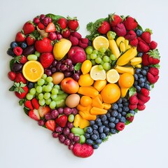 Colorful heart-shaped arrangement of fresh fruits and vegetables