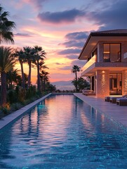 Fototapeta premium Luxury villa with an infinity pool overlooking the sunset. The vibrant colors of the sky are reflected in the water.