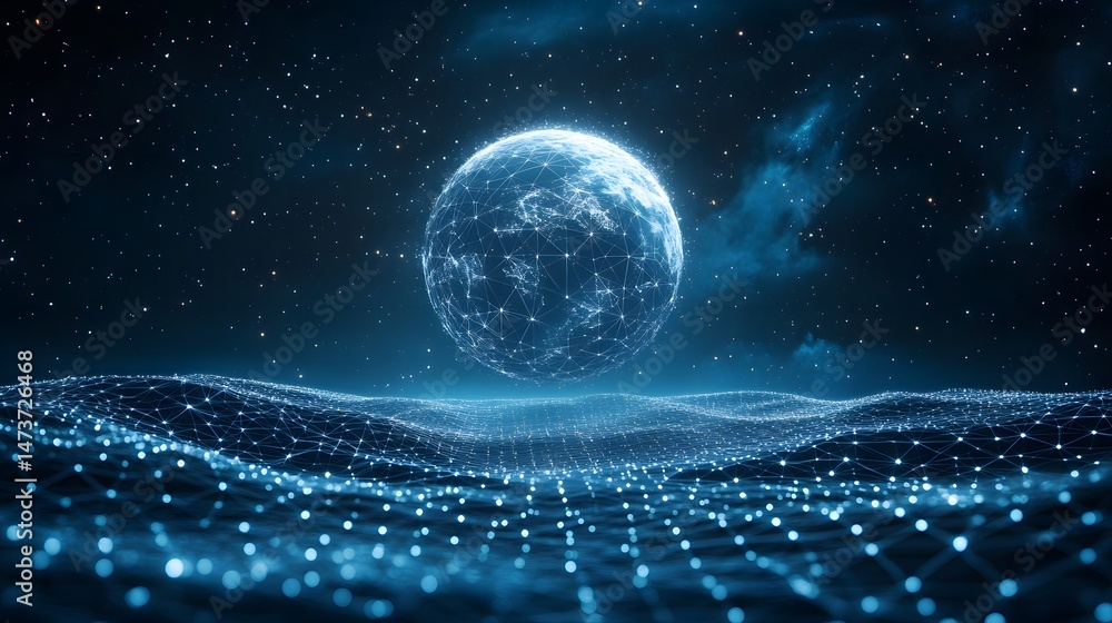 Aufkleber futuristic celestial scene featuring a wireframe landscape and a glowing spherical planet against a 