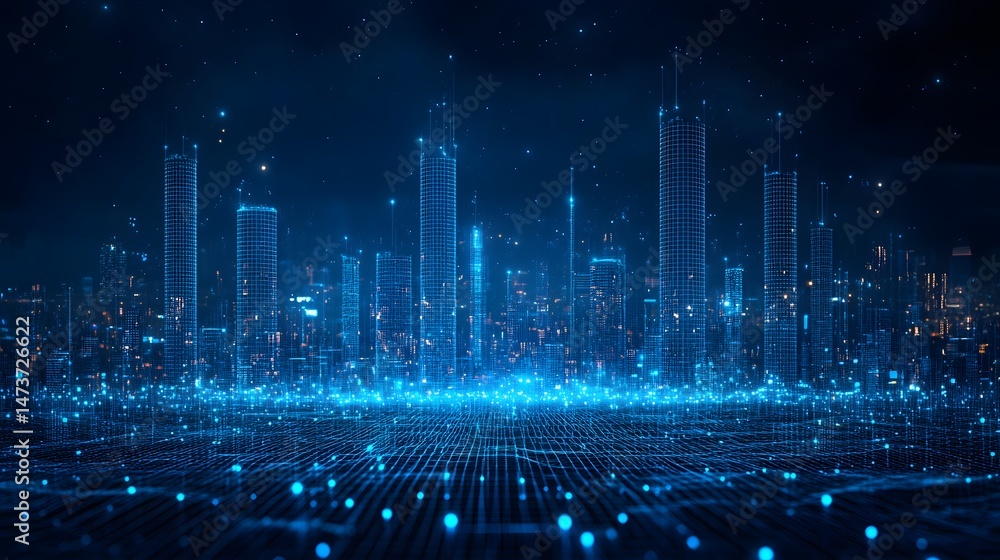 Aufkleber futuristic cityscape with glowing blue skyscrapers against a star-studded sky. digital grid foregrou