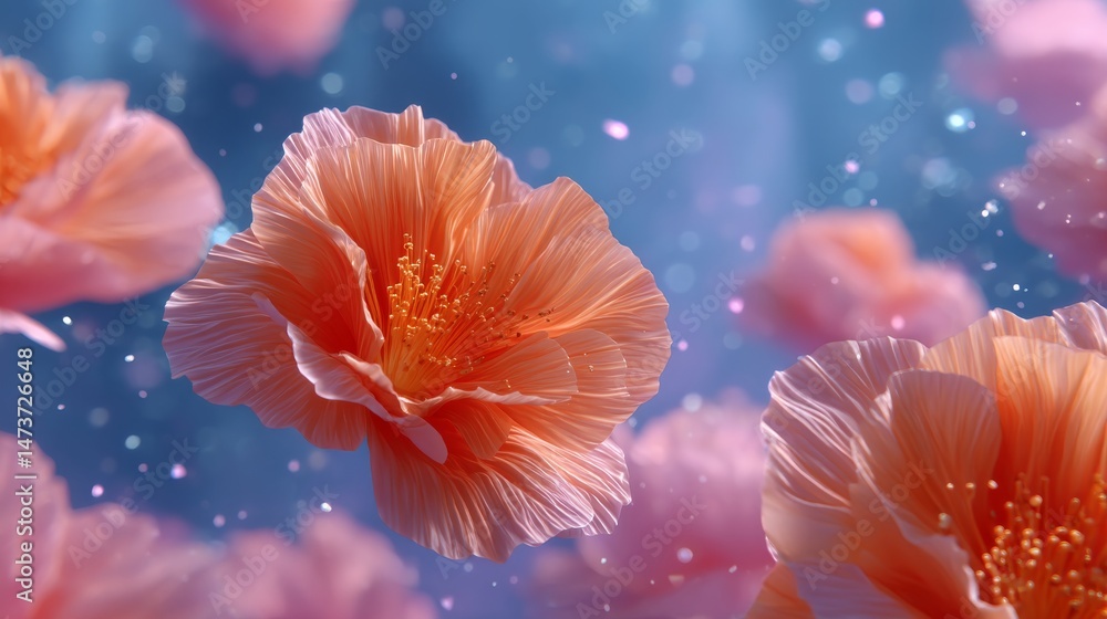 Poster translucent flowers floating in a serene blue background with gentle sparkles and light refractions