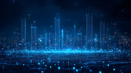 Fototapeta premium Futuristic cityscape with glowing blue skyscrapers against a star-studded sky. Digital grid foreground with luminous orbs create a high-tech, dreamlike metropolis. Abstract wireframe in dark blue