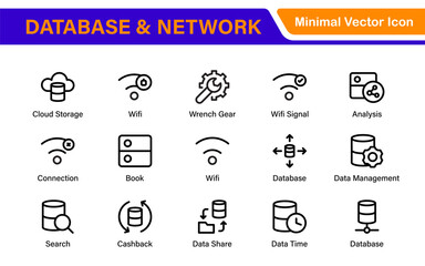 Database Network and Server Management Icon Set – Minimal Line Vector Illustrations for IT, Networking, Cloud, Servers, Security, and Digital Solutions