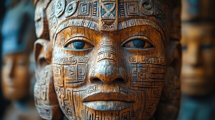 An intricately carved wooden tribal mask with symbolic patterns and detailed features, representing ancient traditions and cultural heritage