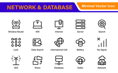 Database Network and Server Management Icon Set – Minimal Line Vector Illustrations for IT, Networking, Cloud, Servers, Security, and Digital Solutions