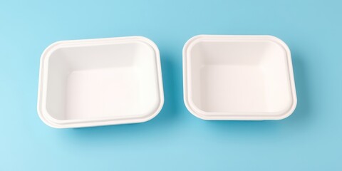 Two Empty White Square Disposable Food Containers on Blue Background