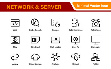 Database Network and Server Management Icon Set – Minimal Line Vector Illustrations for IT, Networking, Cloud, Servers, Security, and Digital Solutions