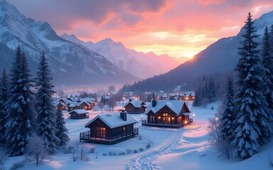 Fototapeta premium Snowy Mountain Village at Sunset. High quality