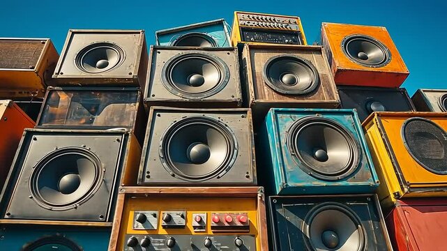 Stacked Vintage Speakers: A Creative Display of Musical Heritage and Retro Sound Systems