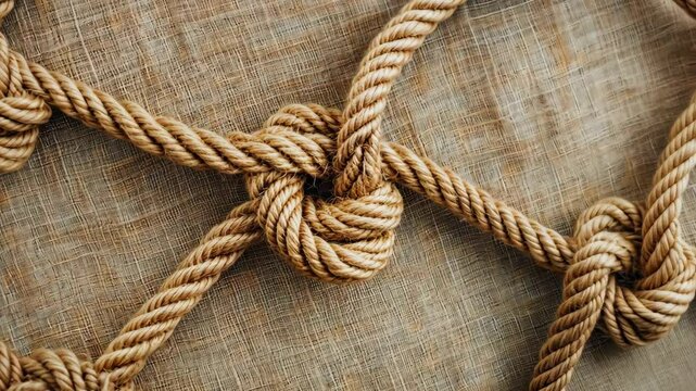 A flat lay of natural rope knots arranged in a pattern on a soft fabric. background