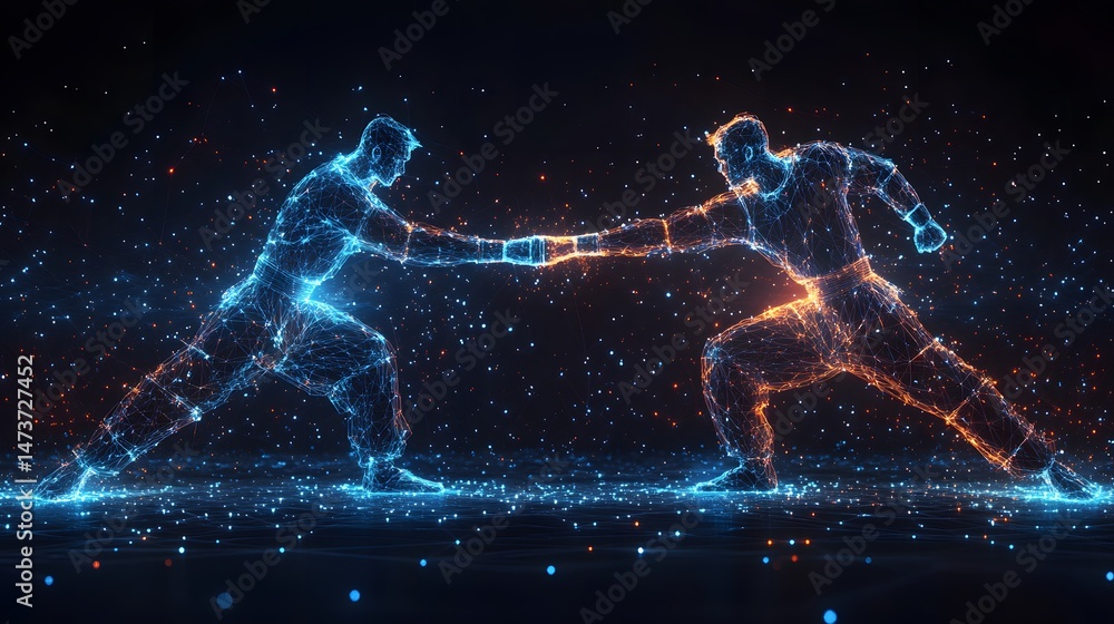 Aufkleber Futuristic boxers clash in a digital arena. Blue battles orange in a dynamic display of skill and power. A visually arresting sports image. Abstract wireframe in dark blue.