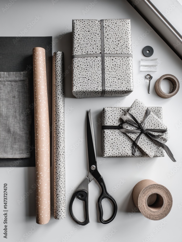 Aufkleber monochrome wrapping tools arranged on a desk with gift boxes and accessories in a neutral setting