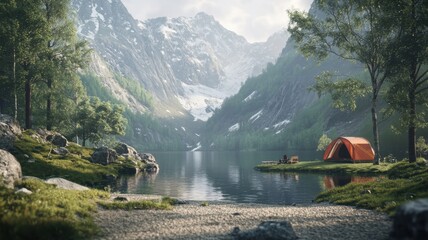 Scenic campsite by a tranquil lake surrounded by majestic mountains in early morning light