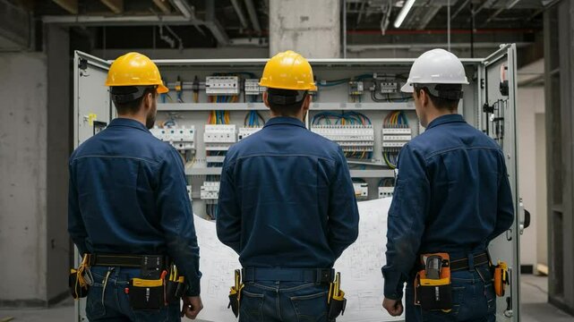Three male electricians in safety gear focus on electrical control panel during installation in a commercial building, analyzing schematics and circuitry.