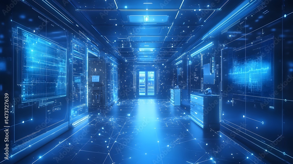 Poster futuristic server room bathed in blue, showcasing advanced technology and digital connectivity. data