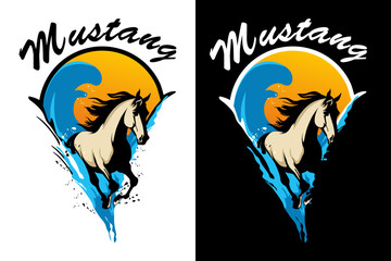mustang horse and sea water logo design vector art