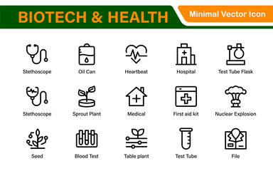 Biotech and Health Tech Icon Pack – Clean, Minimalist Line Vector Illustrations for Healthcare, Science, Lab Research, Pharma.