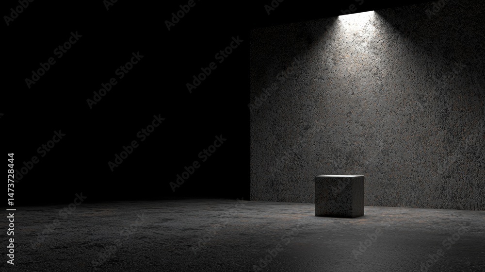 Poster a concrete block sits in a dimly lit room, illuminated by a single light source.