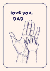 Happy Father's Day sketch outline illustration for greeting card design. The child holds his father's hand drawing in engraving style. Hand drawn vector line art clipart design