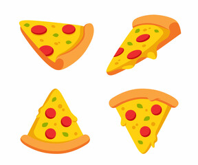 Four Delicious Cartoon Pizza Slices with Pepperoni and Cheese vector ilustration