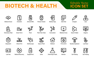 Biotech and Health Tech Icon Pack – Clean, Minimalist Line Vector Illustrations for Healthcare, Science, Lab Research, Pharma.