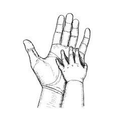 The child holds his parent's hand sketch outline illustration. Father's Day drawing in engraving style. Hand drawn vector line art clipart design isolated on a white background