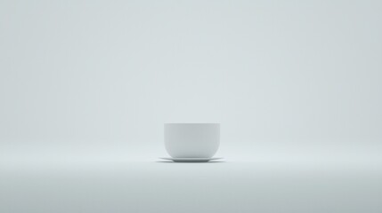 A white ceramic cup and saucer sits on a white surface.