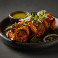 Fototapeta premium Delicious paneer tikka (Indian cheese) pieces on a dark plate with a green chutney, red onion slices, and cilantro against a dark background