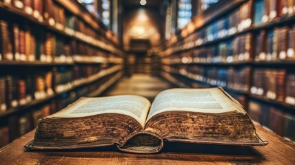 Obraz premium Open antique book on wooden table in a quiet library filled with shelves of old literature
