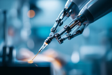 Close-up of a robotic arm performing high-precision actions. The topic of high-tech equipment