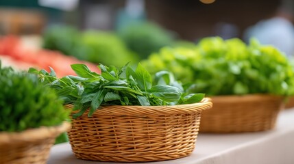 Fototapeta premium Colorful Market Scene with Fresh Herbs in Baskets and Vegetables