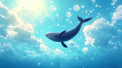 Fototapeta premium A majestic whale floats in the air, surrounded by shimmering bubbles. It’s a surreal and whimsical scene.