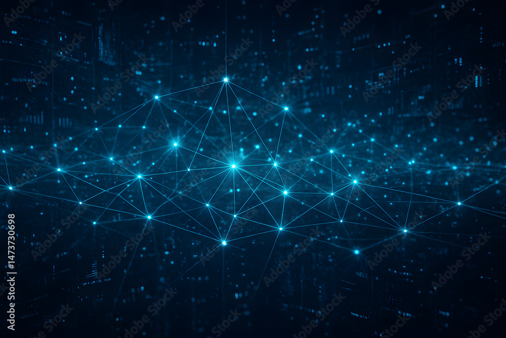 Poster digital universe: a mesmerizing digital landscape, filled with interconnected nodes that glow with t