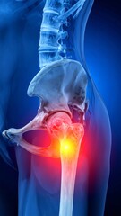 Hip pain anatomy illustration showing inflammation and joint damage for medical purposes healthcare and treatment